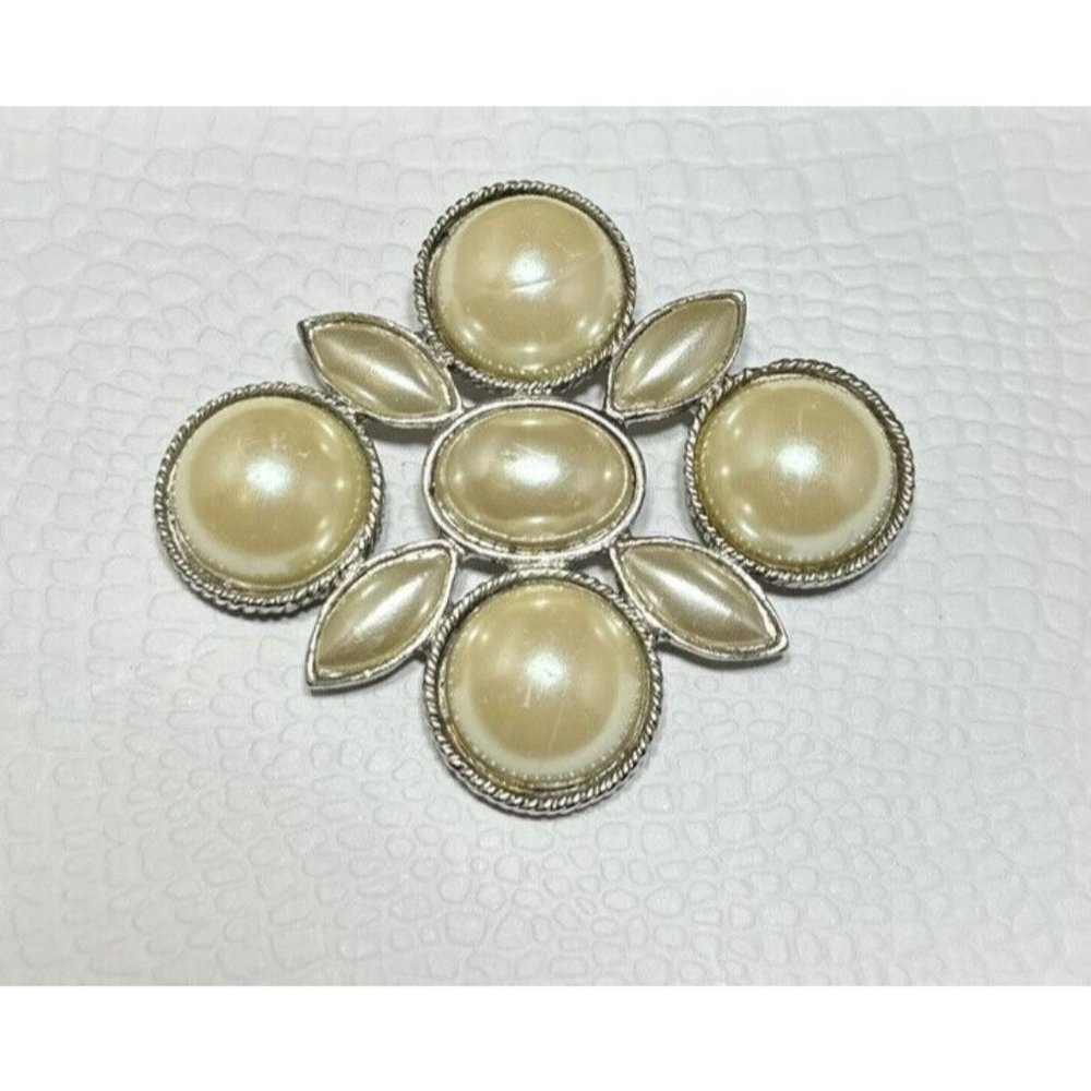 Vintage Signed DAUPLAISE Brooch Pin Silver Tone Faux Pearl Statement